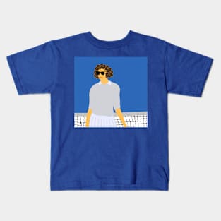 Illustration of a brown curly hair tennis player standing at the net Kids T-Shirt
